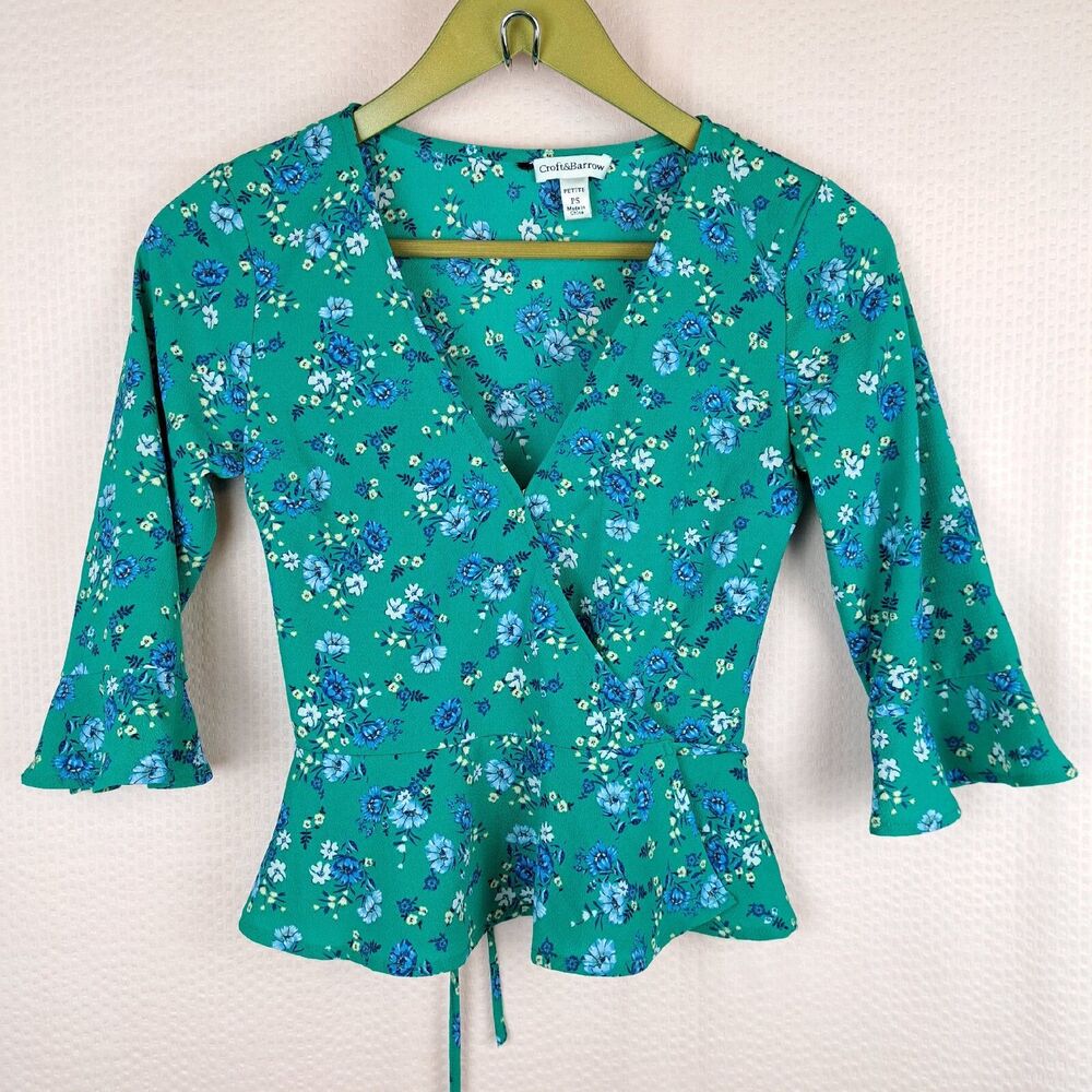 Croft And Barrow Petite PS Crop Top Wrap 3/4 Sleeve Floral Teal Blue